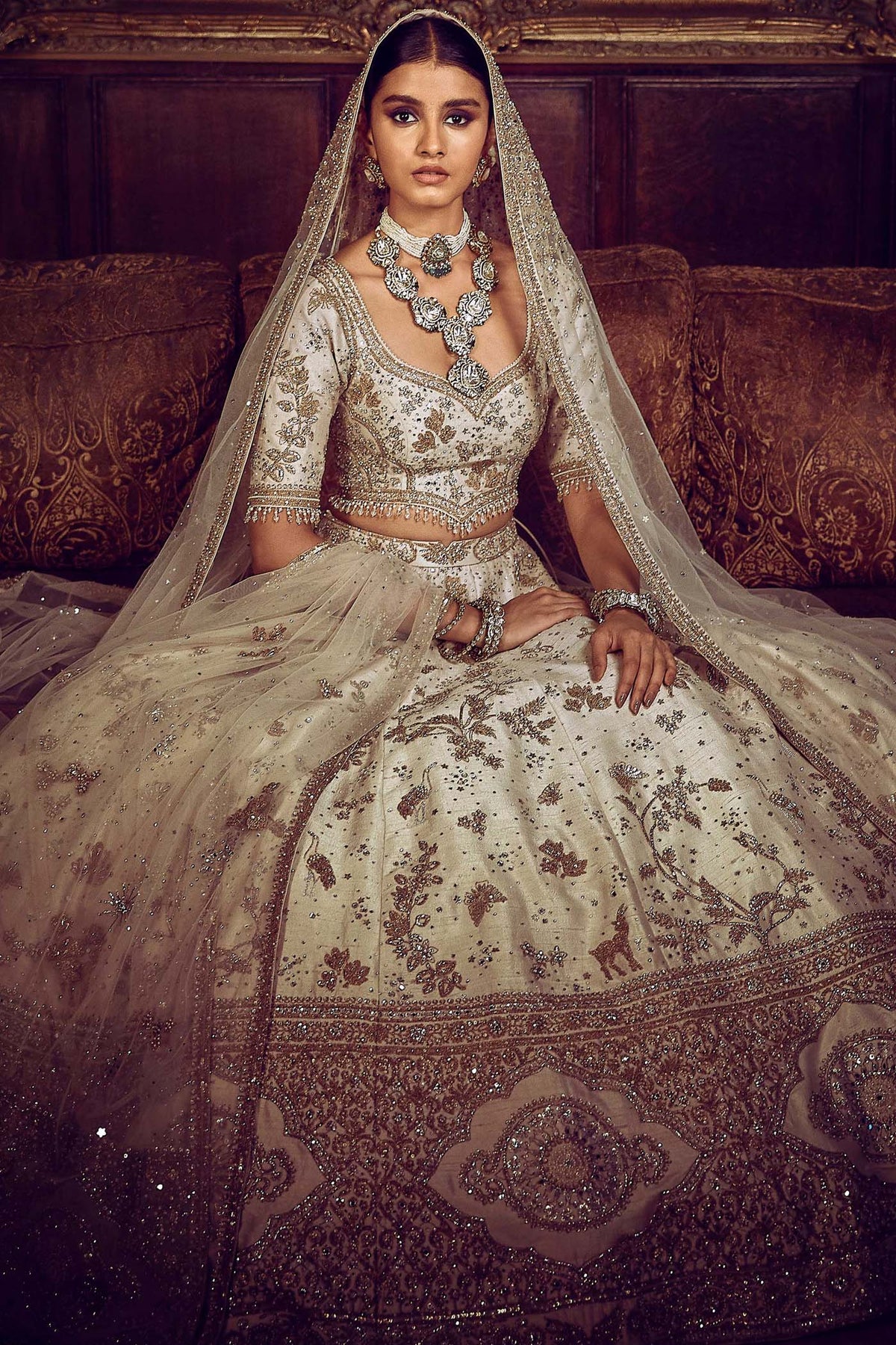 The Masai Landscape Aurum Aged Ekru Lehenga