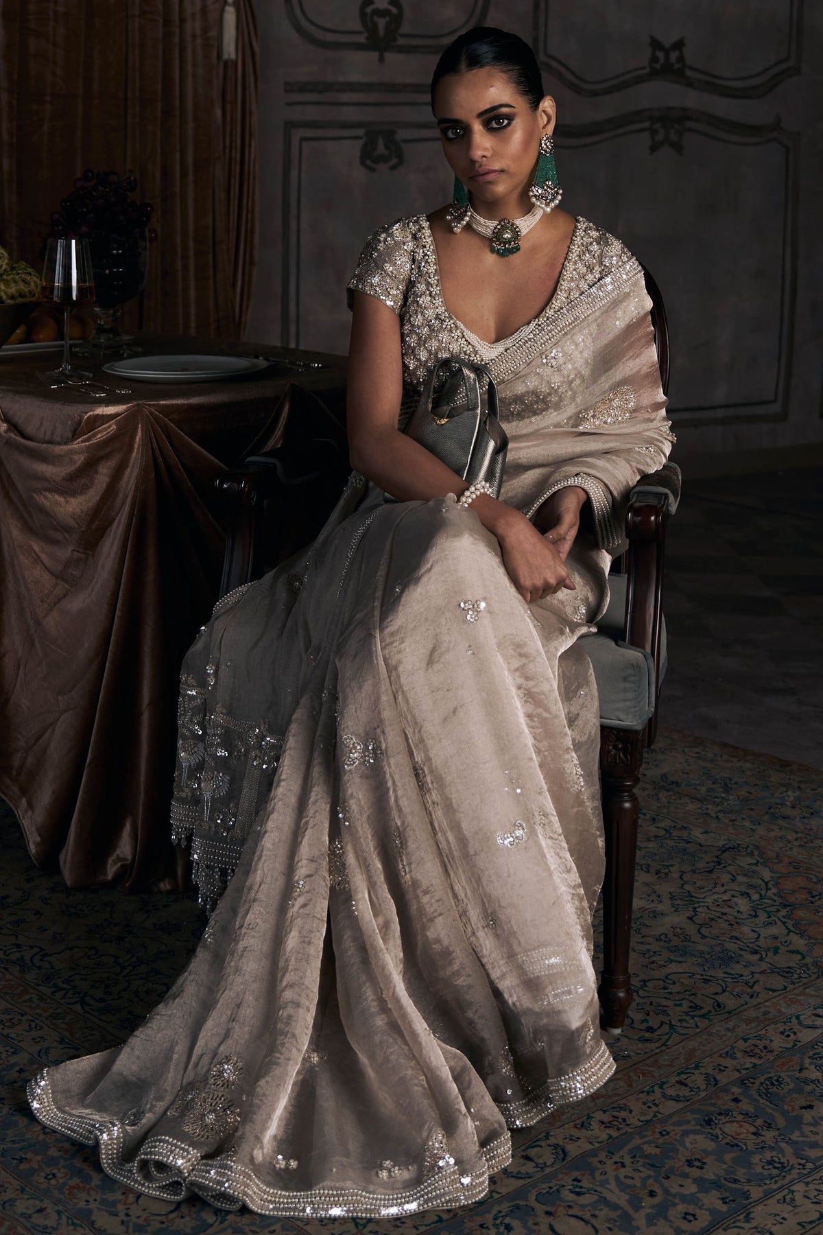 The Tarnished Silver Wild Dandelion Tissue Saree