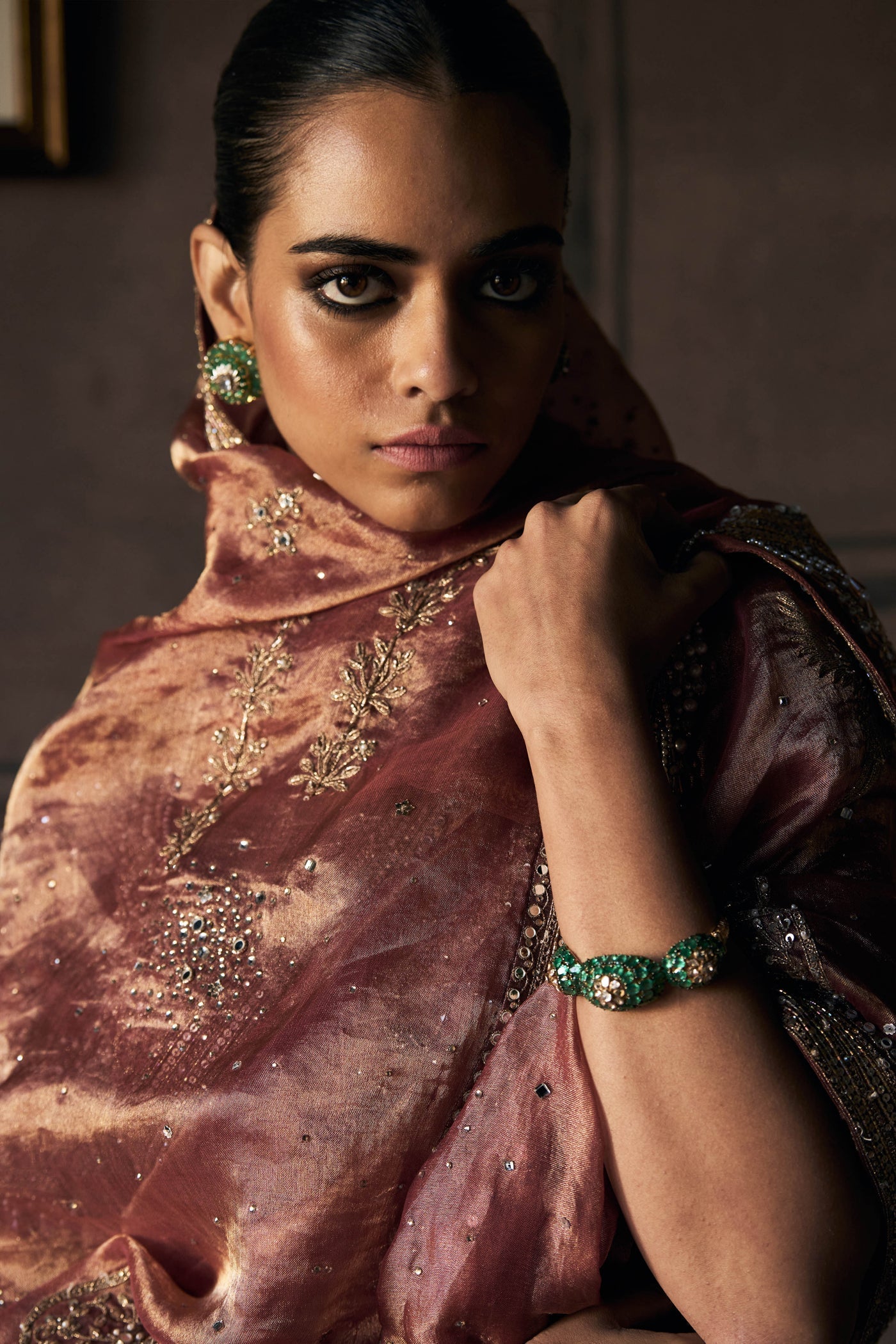 The Tales of Masai Aged Gold Tangerine Tissue Sarees